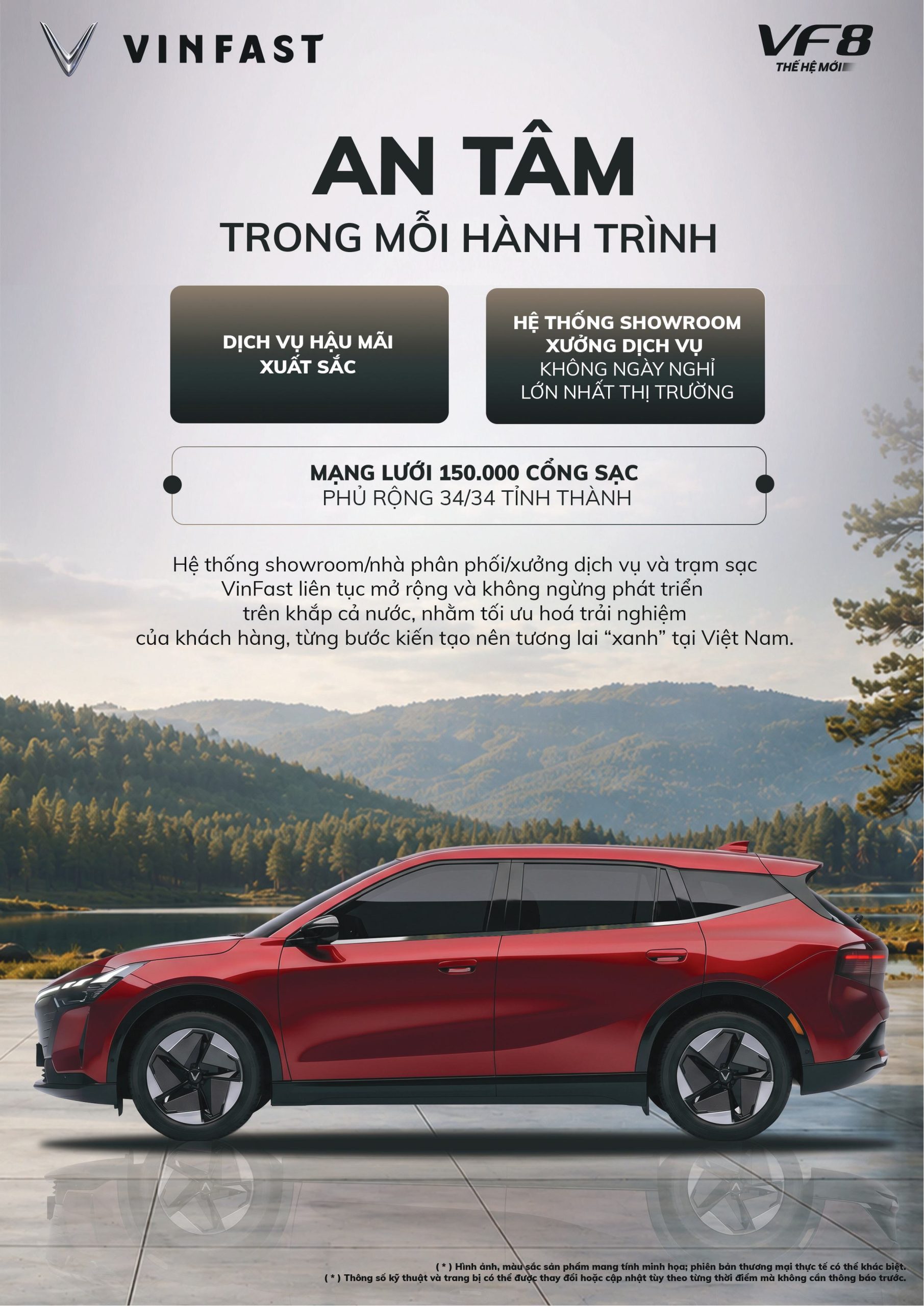 VinFast VF8 được hỗ trợ bởi hệ sinh thái showroom, xưởng dịch vụ và mạng lưới trạm sạc rộng khắp toàn quốc.